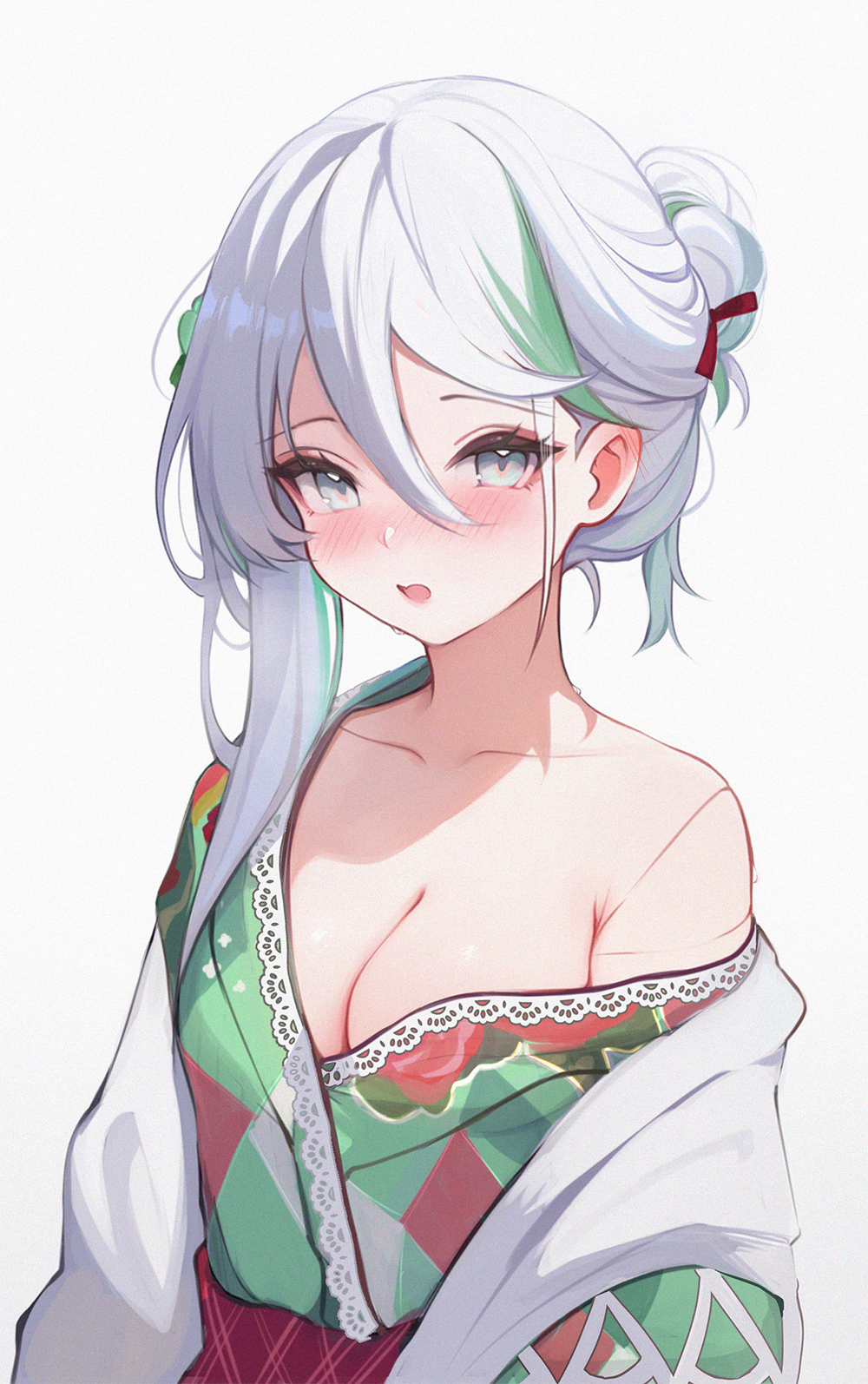 1girl, alternate_breast_size, armpit_crease, blush, breasts, cecilia_immergreen, cecilia_immergreen_(new_year), cleavage, collarbone, commentary, doll, doll_joints, double-parted_bangs, floral_print, floral_print_kimono, green_eyes, green_hair, green_kimono, grey_hair, hair_between_eyes, hair_bun, highres, hololive, hololive_english, japanese_clothes, joints, kimono, koahri, lace, lace-trimmed_kimono, lace_trim, looking_at_viewer, medium_breasts, multicolored_hair, obi, official_alternate_costume, open_mouth, print_kimono, sash, short_hair, simple_background, single_hair_bun, single_off_shoulder, single_sidelock, solo, streaked_hair, upper_body, virtual_youtuber, white_background