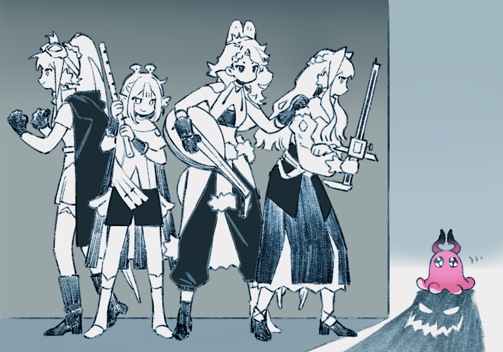 4girls, animal_ears, ankle_boots, arknights, astesia_(arknights), astgenne_(arknights), black_eyes, boots, cape, clenched_hands, closed_mouth, creator_connection, different_shadow, flute, gloves, goggles, goggles_on_head, grain_buds_(arknights), hand_on_another's_shoulder, high_heels, holding, holding_instrument, holding_sword, holding_weapon, instrument, knee_boots, long_hair, long_skirt, long_sleeves, lute_(instrument), meme, monochrome, monsterification, motion_lines, multiple_girls, nymph_(arknights), octopus, pants, ponytail, quercus_(arknights), short_hair, shorts, skirt, smile, spot_color, standing, sword, very_long_hair, weapon, yuji_(fantasia)