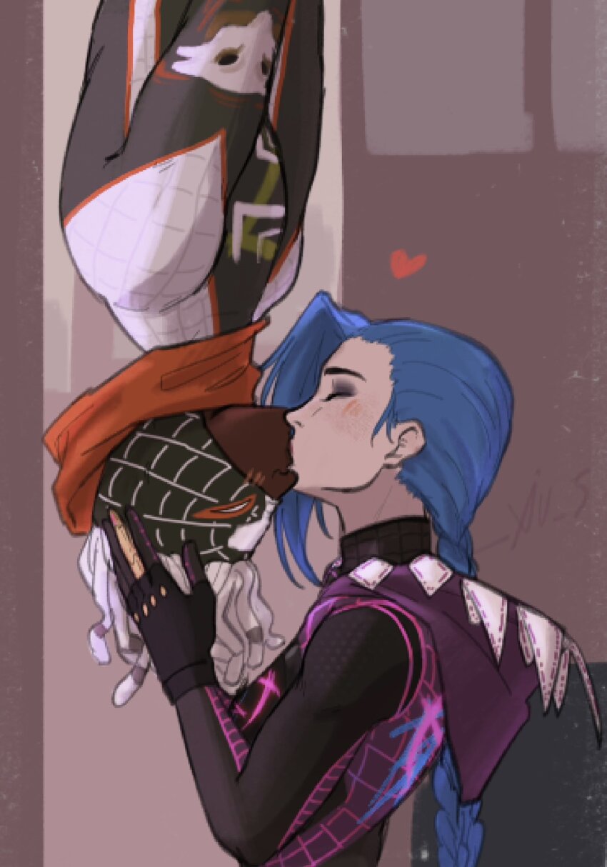 1boy, 1girl, arcane:_league_of_legends, blue_hair, blush, braid, closed_eyes, dark-skinned_male, dark_skin, dreadlocks, ekko_(league_of_legends), gwen_stacy, heart, highres, holding, holding_another's_hair, hood, jinx_(league_of_legends), kiss, league_of_legends, long_hair, marvel, miles_morales, prosthetic_fingers, spider-man_(series), spider_web_pattern, superhero_costume, upside-down_kiss, white_hair, xiu_5