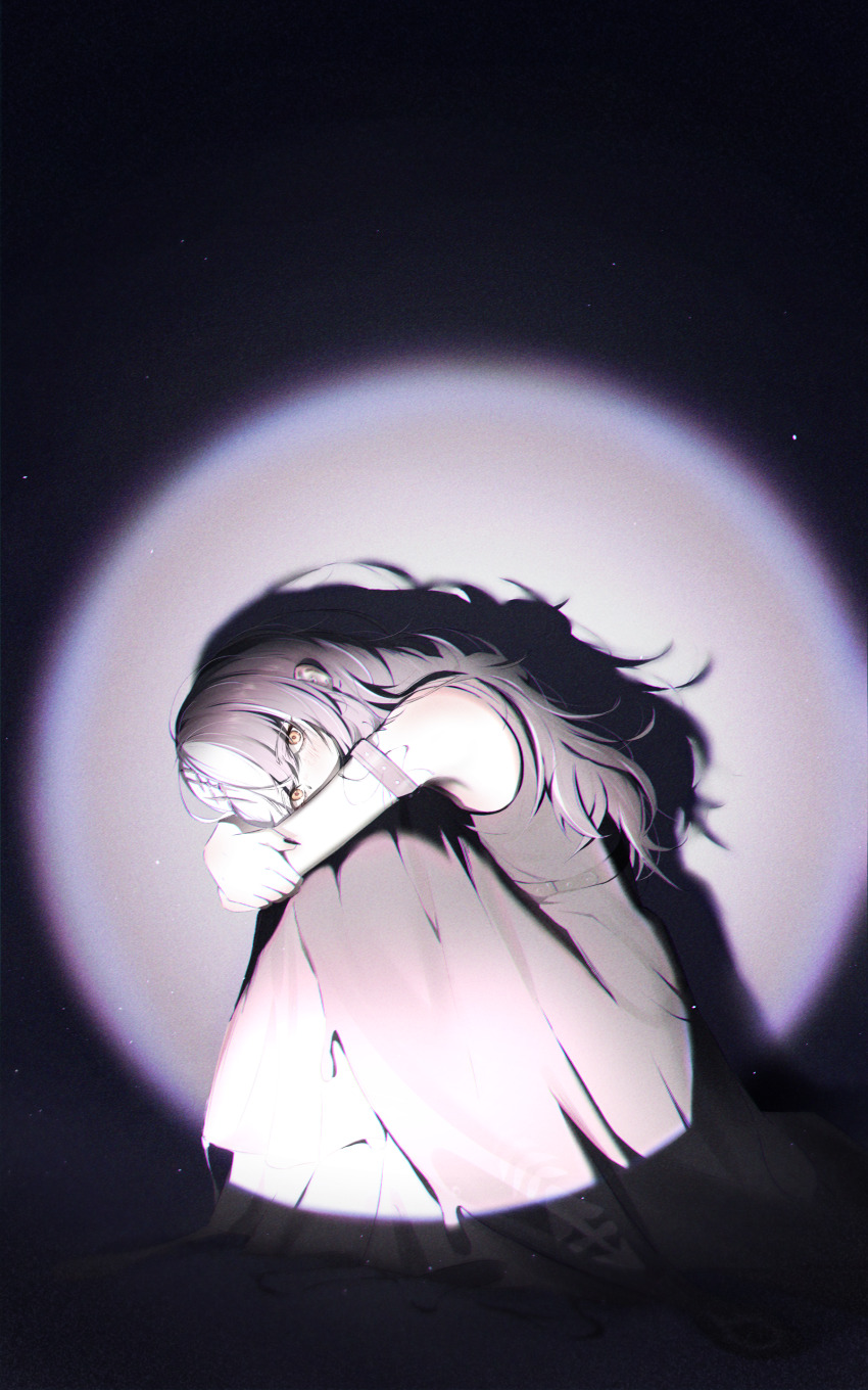 1girl, absurdres, arm_strap, black_dress, black_hair, dress, grey_hair, highres