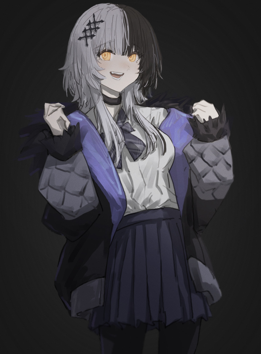 1girl, black_background, black_coat, black_hair, black_pantyhose, blue_skirt, bow, coat