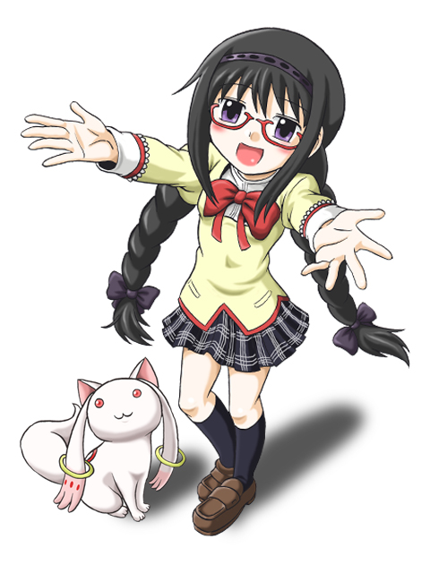 10s, akemi_homura, bal_panser, black_hair, black_socks, braid, glasses, hairband, kneehighs, kyubey, mahou_shoujo_madoka_magica, mahou_shoujo_madoka_magica_(anime), open_mouth, outstretched_arms, purple_eyes, reaching, school_uniform, socks, spoilers, twin_braids