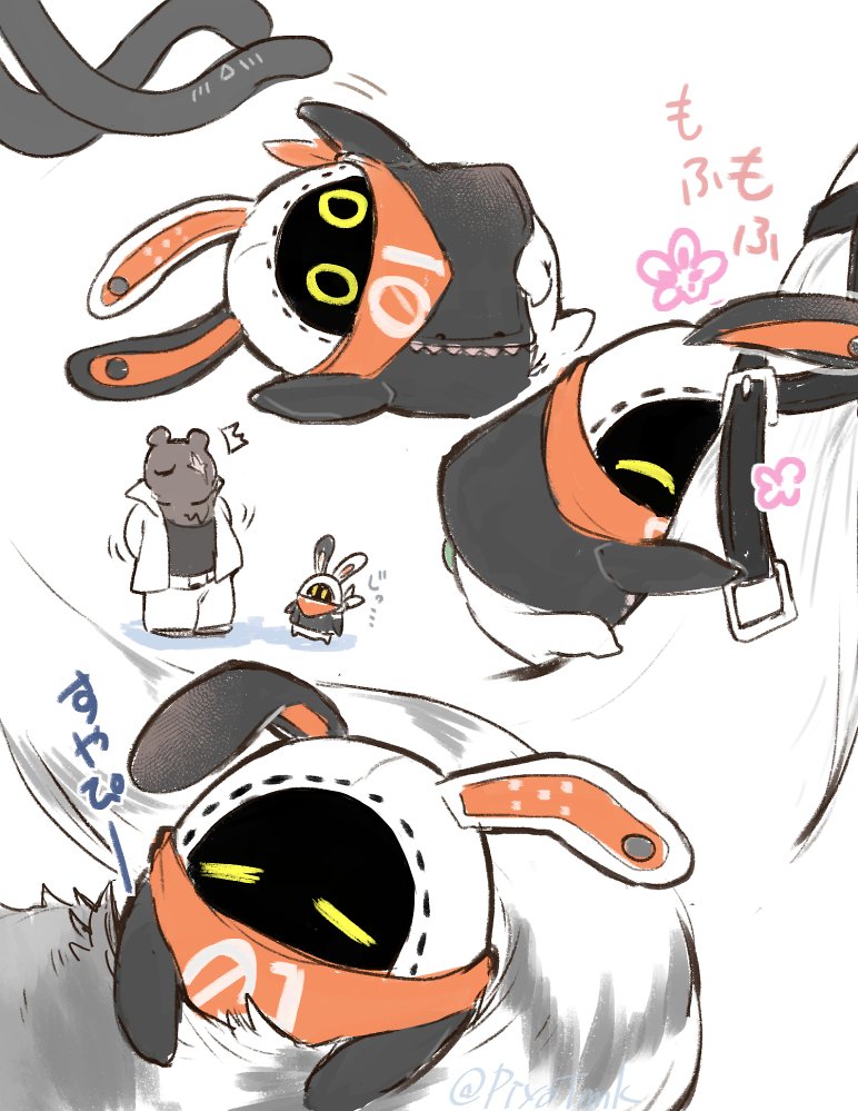 1girl, 1other, 3boys, anton_ivanov, bangboo_(zenless_zone_zero), ben_bigger, closed_eyes, eous_(zenless_zone_zero)