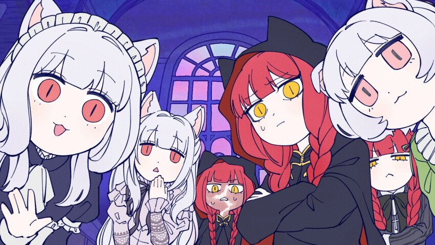 6+girls, :<, :3, :d, albino, animal_ears, black_robe, braid