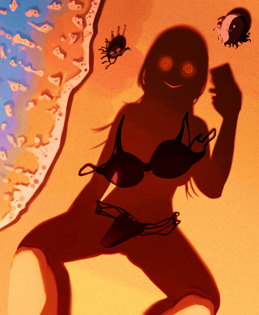 1girl, absurdres, beach, bikini, black_bikini, dressed_shadow_(meme), highres, hololive