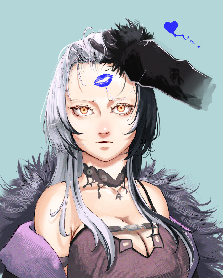 2girls, absurdres, black_choker, black_dress, black_gloves, black_hair, blue_background, breasts