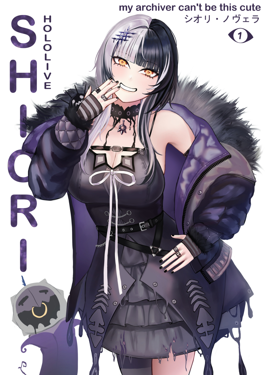 1girl, absurdres, arm_warmers, black_choker, black_coat, black_dress, black_hair, black_nails