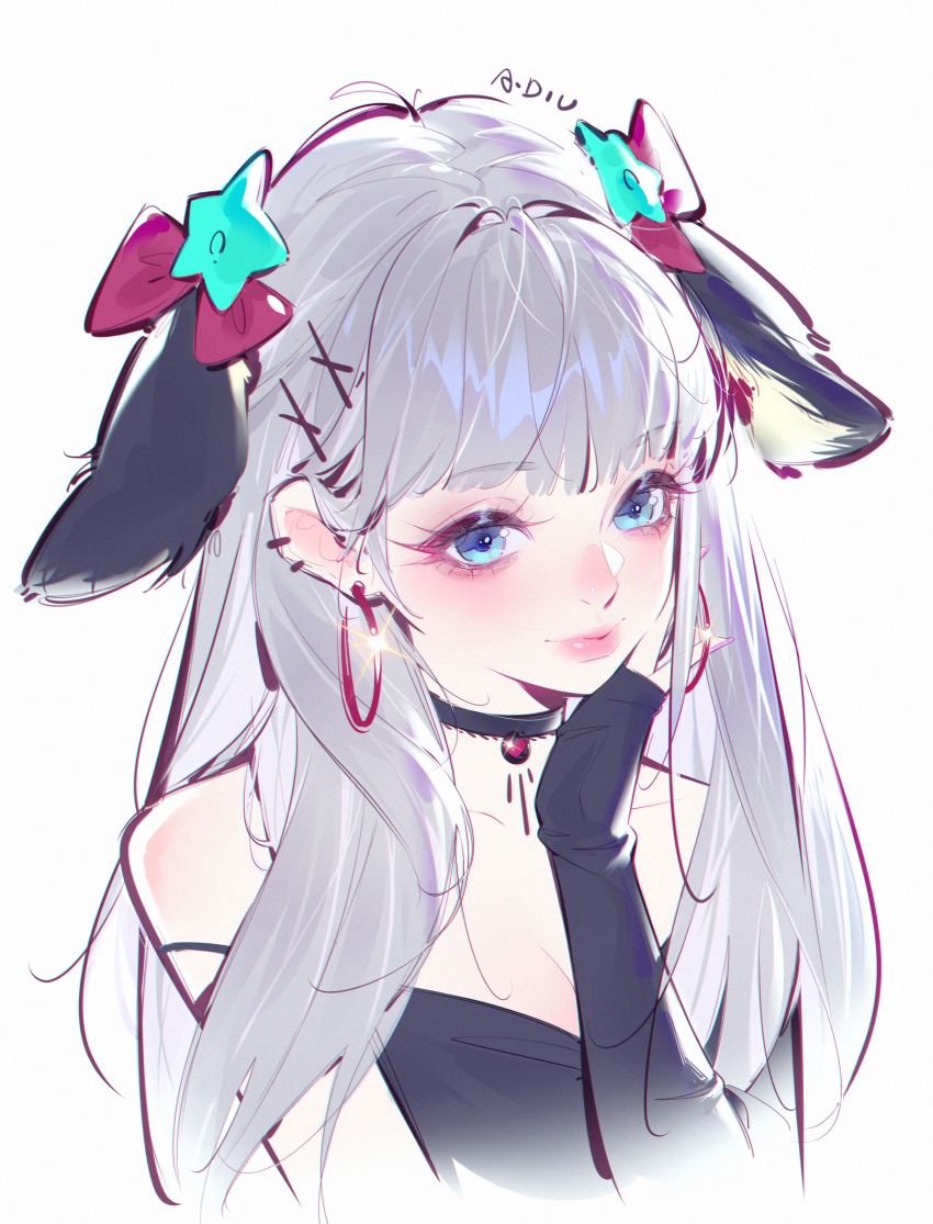 1girl, absurdres, adiu, animal_ears, arm_warmers, bare_shoulders, black_arm_warmers, black_choker