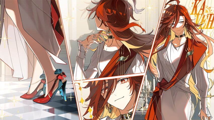 1boy, black_choker, blonde_hair, breasts, choker, closed_mouth, cosplay, dress, earrings, genshin_impact, high_heels, hoyofair, jewelry, kaveh_(genshin_impact), long_hair, male_focus, mavuika_(genshin_impact), mavuika_(genshin_impact)_(cosplay), multicolored_hair, multiple_views, red_eyes, red_footwear, red_hair, smile, suyako_(suya93), trap, very_long_hair, white_dress