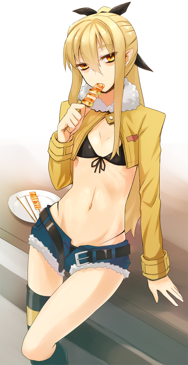 1girl, belt, bikini, bikini_top_only, black_bikini, blonde_hair, borrowed_character, cropped_jacket, cutoffs, denim, denim_shorts, eating, female_focus, flat_chest, food, front-tie_top, long_hair, menokuma, midriff, navel, open_fly, original, pointy_ears, prime_(prime_tw), short_shorts, shorts, solo, swimsuit, unzipped, yellow_eyes