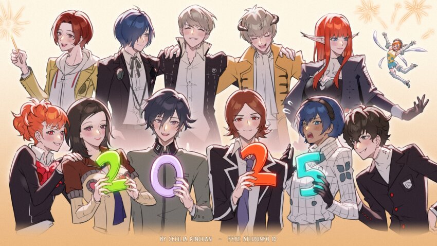 2025, 4girls, 6+boys, amamiya_ren, amano_maya, atlus, black_gloves, black_hair