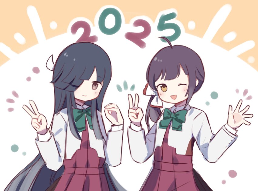 2025, 2girls, absurdres, akaruku, black_hair, blue_bow, blue_bowtie, blush