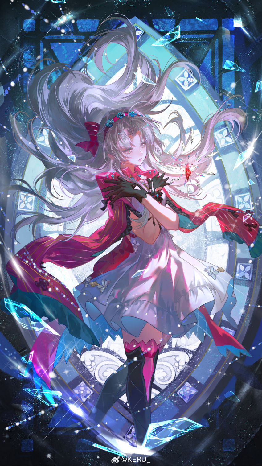 1girl, absurdres, black_gloves, bow, carlotta_(wuthering_waves), chinese_commentary, commentary_request, crystal, dress, floating_hair, gloves, hair_bow, hairband, highres, jacket, keru233, long_hair, looking_ahead, parted_bangs, parted_lips, pink_bow, pink_hairband, pink_jacket, short_dress, solo, striped_bow, thighs, very_long_hair, white_dress, white_hair, wuthering_waves, x_arms