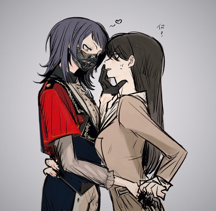 2girls, anger_vein, bang_dream!, bang_dream!_it's_mygo!!!!!, black_gloves, black_hair, black_mask, black_pants