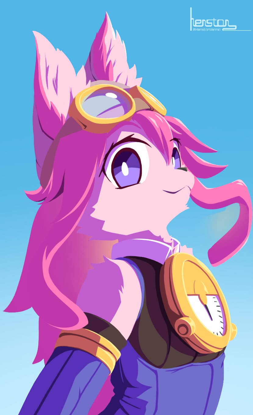1girl, :3, blue_background, chocolat_gelato, furry, goggles, goggles_on_head, gradient_background, henstonvennic, highres, little_tail_bronx, pink_fur, pink_hair, purple_eyes, signature, smile, solatorobo