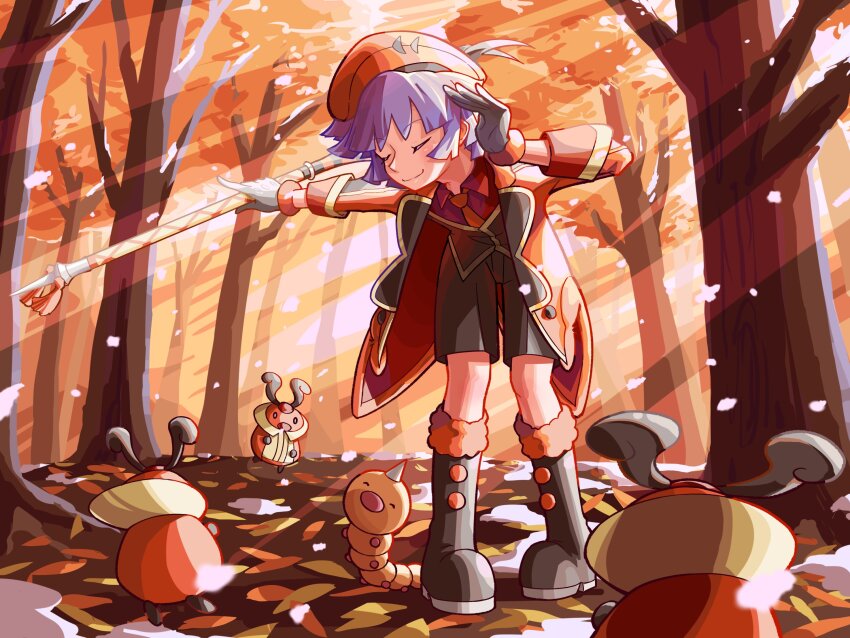 1boy, alternate_color, autumn_leaves, black_gloves, boots, bugsy_(holiday_2024)_(pokemon), bugsy_(pokemon), closed_eyes