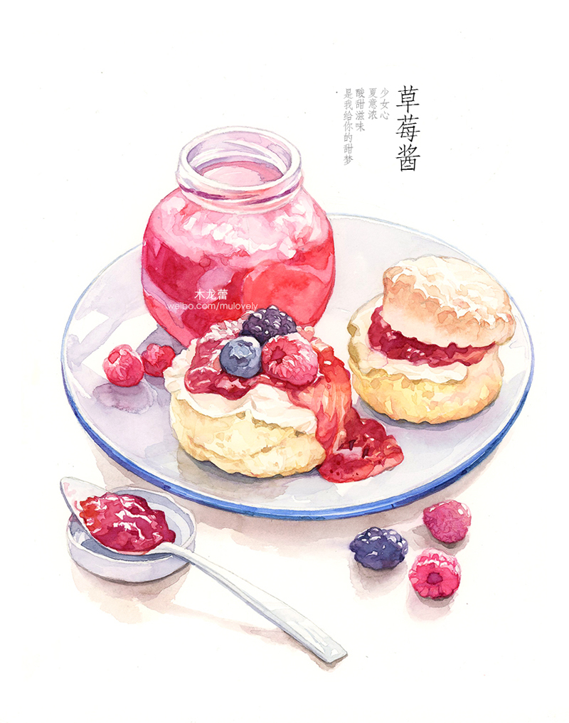 artist_name, biscuit_(bread), blackberry_(fruit), blueberry, chinese_commentary, chinese_text, commentary_request, food, food_focus, fruit, jam, jar, lid, mulovely, no_humans, original, painting_(medium), plate, raspberry, shadow, simple_background, spoon, traditional_media, translation_request, watercolor_(medium), watermark, weibo_username, white_background