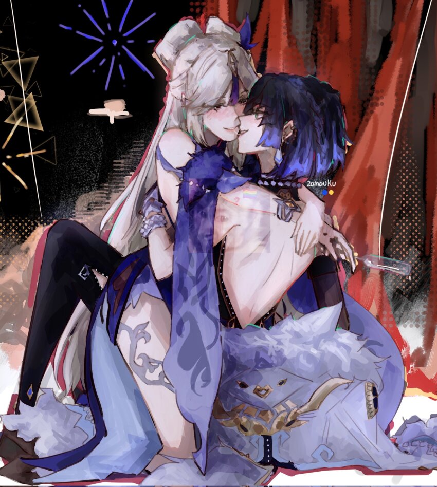 2girls, after_kiss, arms_around_neck, artist_name, backless_outfit, black_pants, blue_dress, blush