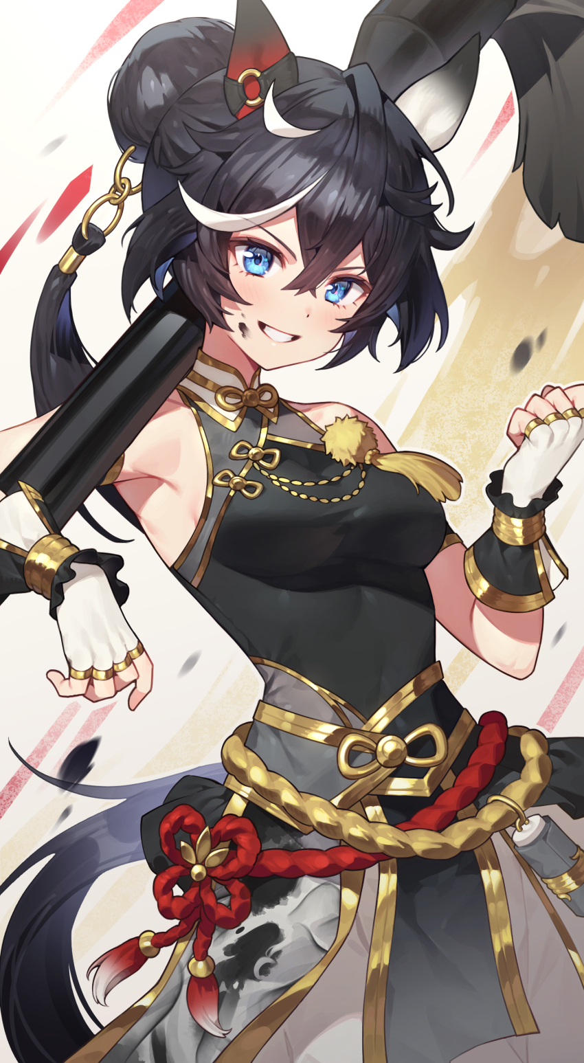 1girl, absurdres, animal_ears, bare_shoulders, black_hair, black_nails, blue_eyes, blush