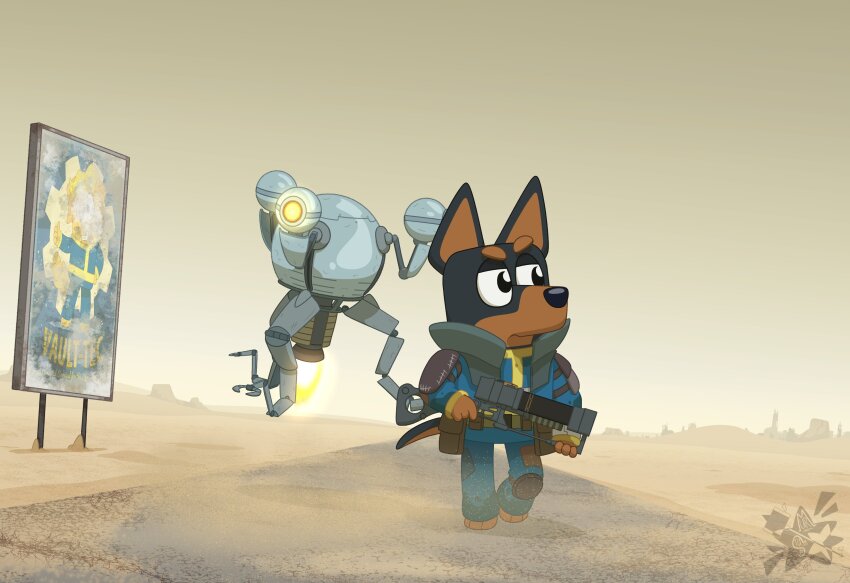 1boy, 1other, absurdres, artist_logo, bluey, captainabruzze, desert, dirt, fallout, furry, gears, german_shepherd, highres, logo, mister_handy_(fallout), original, pip_boy, sign, weapon