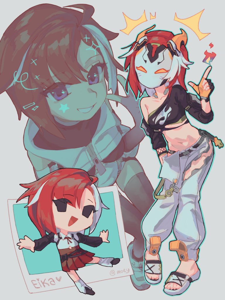 1girl, artist_name, black_shirt, breasts, character_name, commentary, crop_top, eika_(after-school_rebel)_(strinova)