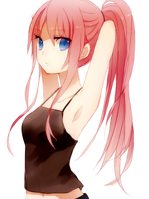 1girl, adjusting_hair, alternate_costume, alternate_hairstyle, armpits, arms_behind_head, bare_arms, black_tank_top