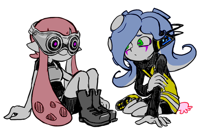 2girls, agent_3_(splatoon), boots, cosplay, costume_switch, goggles, hand_on_own_arm, inkling, inkling_girl, inkling_player_character, jyanbodon, looking_at_another, multiple_girls, nintendo, octarian_(enemy), octoling, on_floor, splatoon_(series), splatoon_1, squidbeak_splatoon, takozonesu, tentacle_hair