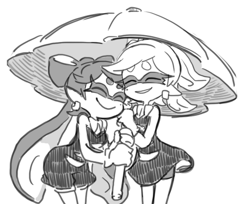 2girls, callie_(splatoon), callie_(squid_sisters_outfit)_(splatoon), closed_eyes, earrings, gloves, inkling, jewelry, jyanbodon, lowres, marie_(splatoon), marie_(squid_sisters_outfit)_(splatoon), mole, mole_under_eye, monochrome, multiple_girls, nintendo, shared_umbrella, smile, splatoon_(series), tentacle_hair, umbrella