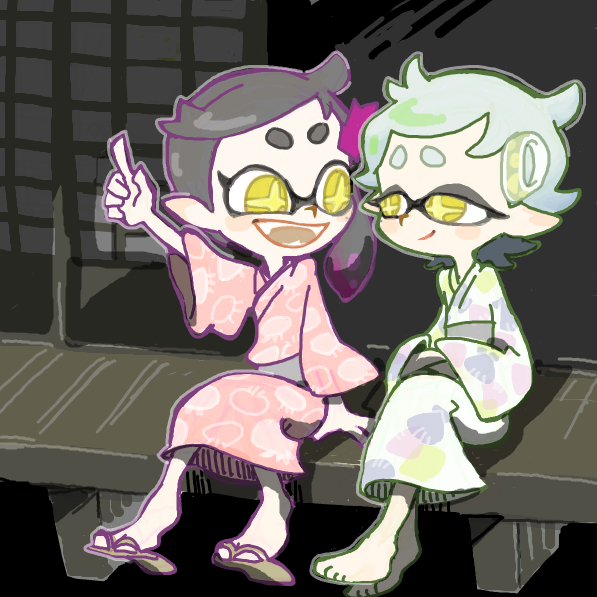 2girls, aged_down, barefoot, callie_(splatoon), callie_(young)_(splatoon), inkling, japanese_clothes, jyanbodon