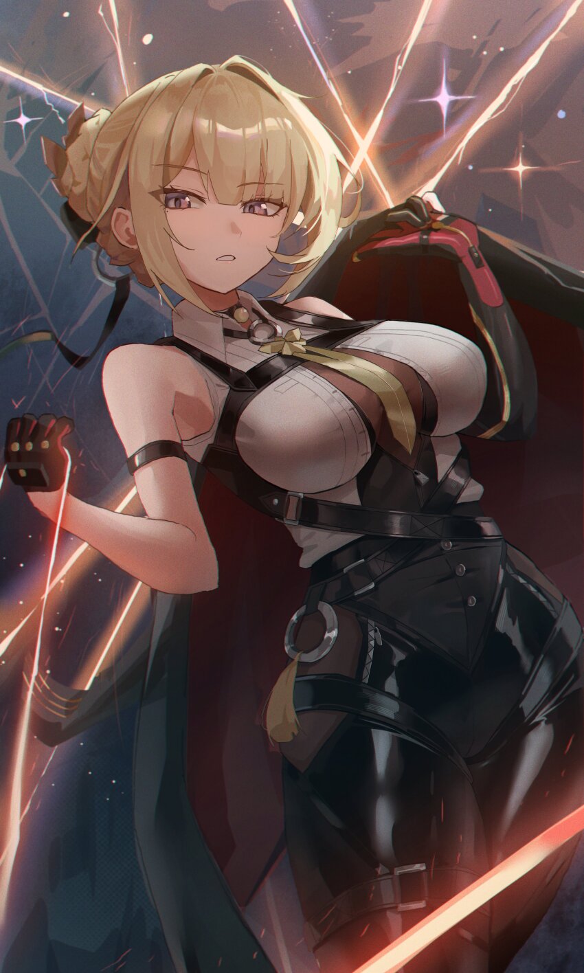 1girl, absurdres, bare_shoulders, black_gloves, black_jacket, black_pants, blonde_hair, breasts