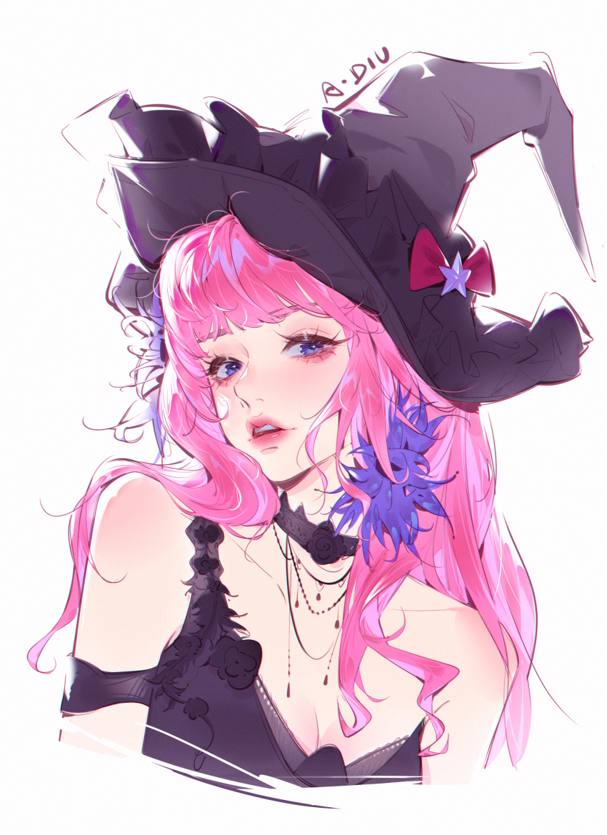 1girl, absurdres, adiu, bare_shoulders, black_choker, black_hat, blue_dress, blue_eyes, blunt_bangs, bow, breasts, chinese_commentary, choker, cleavage, clothing_cutout, collarbone, commentary_request, cropped_torso, dress, eyeliner, flower, frilled_headwear, hair_flower, hair_ornament, hat, hat_bow, hat_ornament, highres, jewelry, lace-trimmed_choker, lace_trim, light_blush, lipstick, long_hair, looking_at_viewer, makeup, mascara, necklace, nostrils, open_mouth, original, pink_eyeliner, pink_hair, pink_lips, procreate_(medium), purple_flower, red_bow, short_sleeves, shoulder_blades, shoulder_cutout, sidelocks, signature, simple_background, single_sleeve, single_stripe, solo, star_(symbol), star_hat_ornament, teeth, upper_teeth_only, white_background, witch_hat