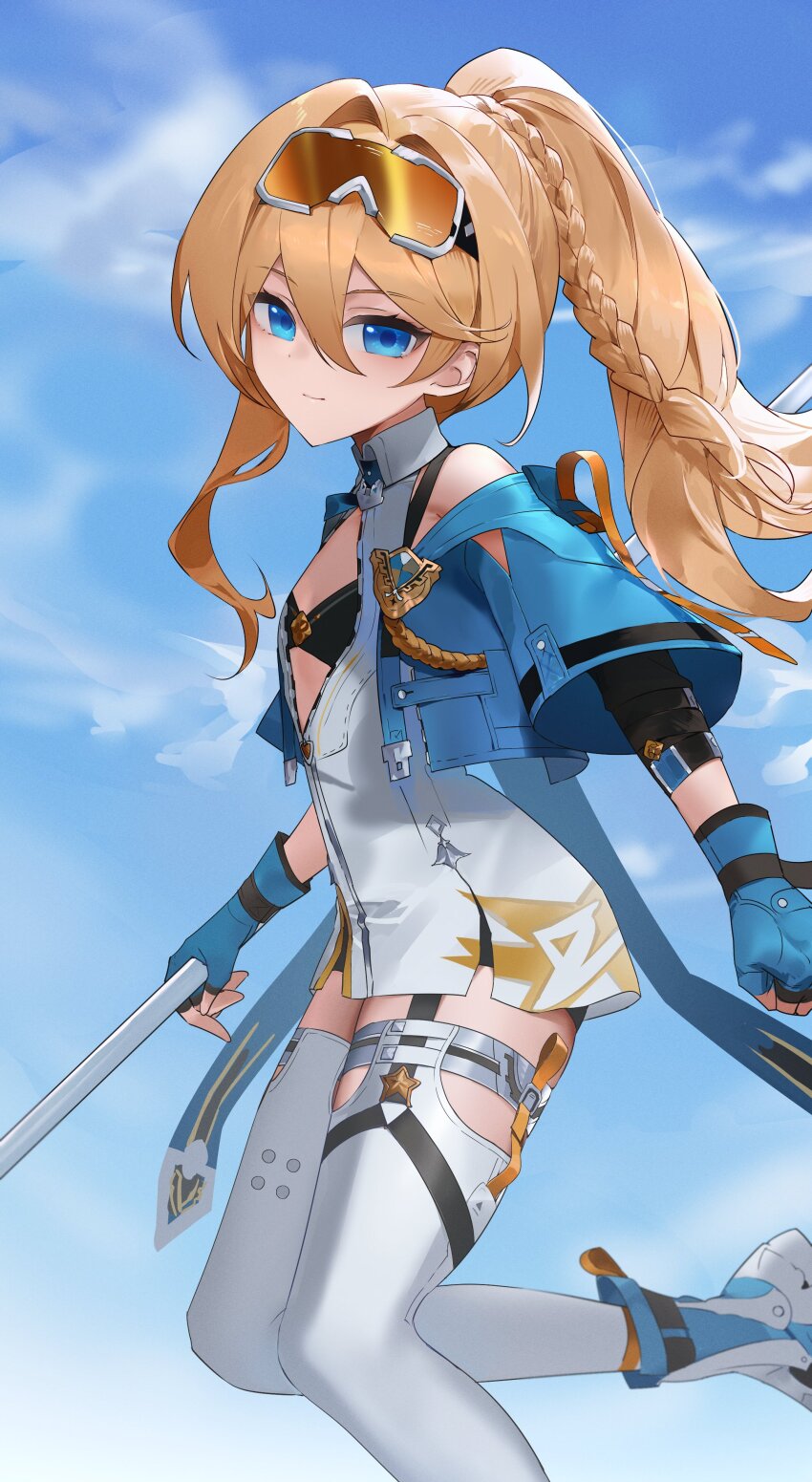 1girl, absurdres, baiser3rd, black_bra, black_shorts, blonde_hair, blue_eyes, blue_sky, bra, braid, breasts, closed_mouth, commentary, dress, durandal_(honkai_impact), durandal_(reign_solaris)_(honkai_impact), fingerless_gloves, foot_out_of_frame, foot_up, gloves, goggles, green_gloves, green_jacket, hair_between_eyes, hashtag-only_commentary, high_ponytail, highres, holding, holding_polearm, holding_weapon, honkai_(series), honkai_impact_3rd, jacket, long_hair, orange-tinted_eyewear, polearm, ponytail, shorts, shorts_under_dress, sky, small_breasts, smile, solo, thighhighs, tinted_eyewear, underwear, weapon, white_dress, white_thighhighs