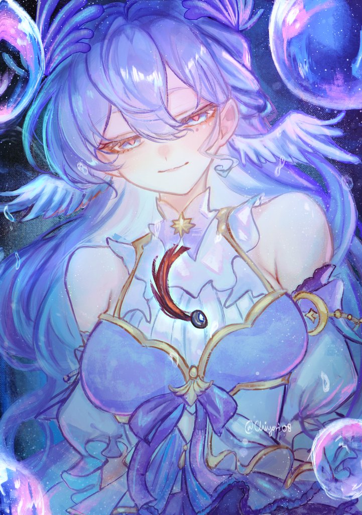 1girl, artist_name, bare_shoulders, blue_eyes, breasts, bubble, chiyori08, commentary, dress, english_commentary, hair_between_eyes, head_wings, honkai:_star_rail, honkai_(series), hoyofair, jewel_under_eye, long_hair, pink_pupils, purple_dress, purple_hair, robin_(honkai:_star_rail), smile, solo, upper_body, white_wings, wings