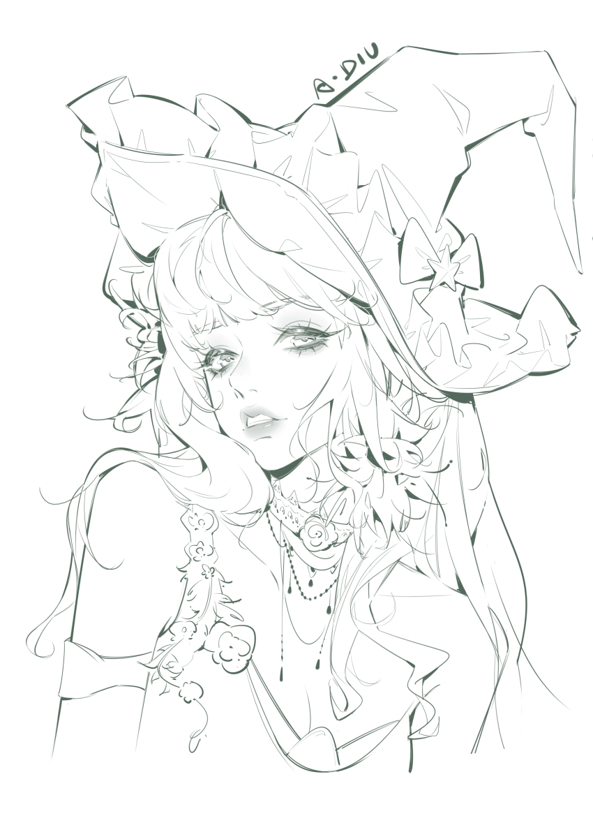 1girl, absurdres, adiu, bare_shoulders, bow, breasts, chinese_commentary, choker, cleavage, clothing_cutout, collarbone, commentary_request, cropped_torso, expressionless, eyeshadow, flower, flower_choker, frilled_headwear, hair_flower, hair_ornament, hat, hat_bow, hat_ornament, highres, jewelry, lineart, lipstick, long_hair, looking_at_viewer, makeup, mascara, necklace, nostrils, original, parted_lips, procreate_(medium), shoulder_cutout, sidelocks, signature, simple_background, single_sleeve, single_strap, solo, star_(symbol), star_hat_ornament, teeth, wavy_hair, white_background, witch_hat