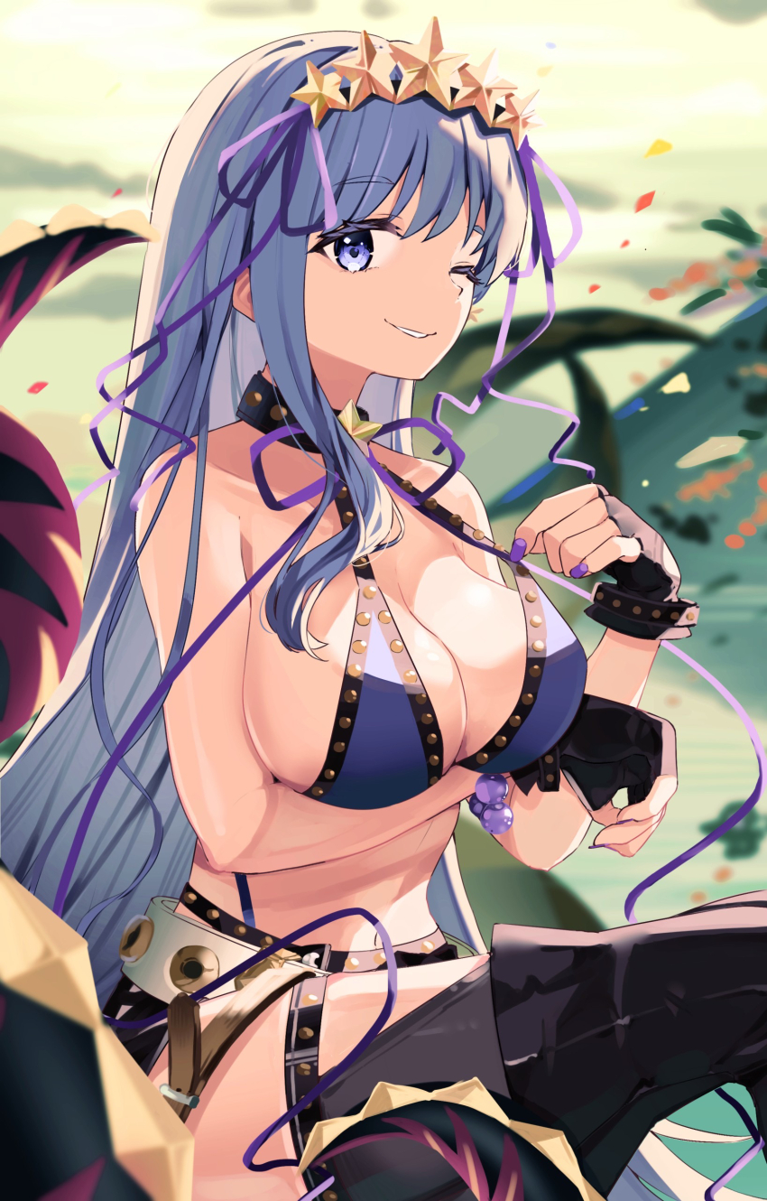 1girl, absurdres, bare_shoulders, bb_(fate), bb_(swimsuit_mooncancer)_(second_ascension)_(fate), bead_bracelet, beads, belt