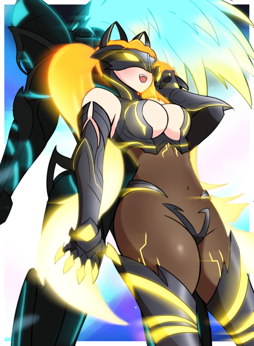 1boy, 1girl, absurdres, animal_ears, armor, back-to-back, blonde_hair, breasts, cat_ears, cleavage_cutout, clothing_cutout, commentary, eiyuu_densetsu, english_commentary, fake_animal_ears, fang, glowing, glowing_armor, glowing_claws, glowing_eyes, glowing_hair, grendel_(eiyuu_densetsu), grimcats_(eiyuu_densetsu), highres, judith_lanster, kuro_no_kiseki, kuro_no_kiseki_(series), kuro_no_kiseki_ii, long_hair, open_mouth, side_ponytail, sideboob, smile, van_arkride