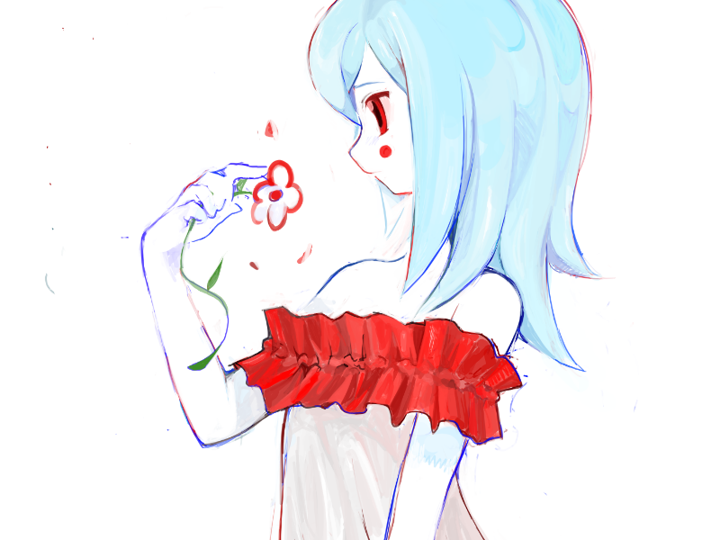 1girl, blue_hair, colored_skin, dress, faroja, flower, game_cg, heartlovepowertemple