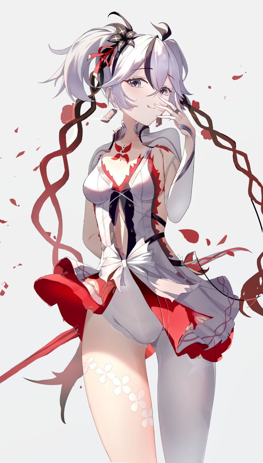 1girl, :q, absurdres, asymmetrical_clothes, black_eyes, black_flower, blake_bloom_(wuthering_waves), breasts