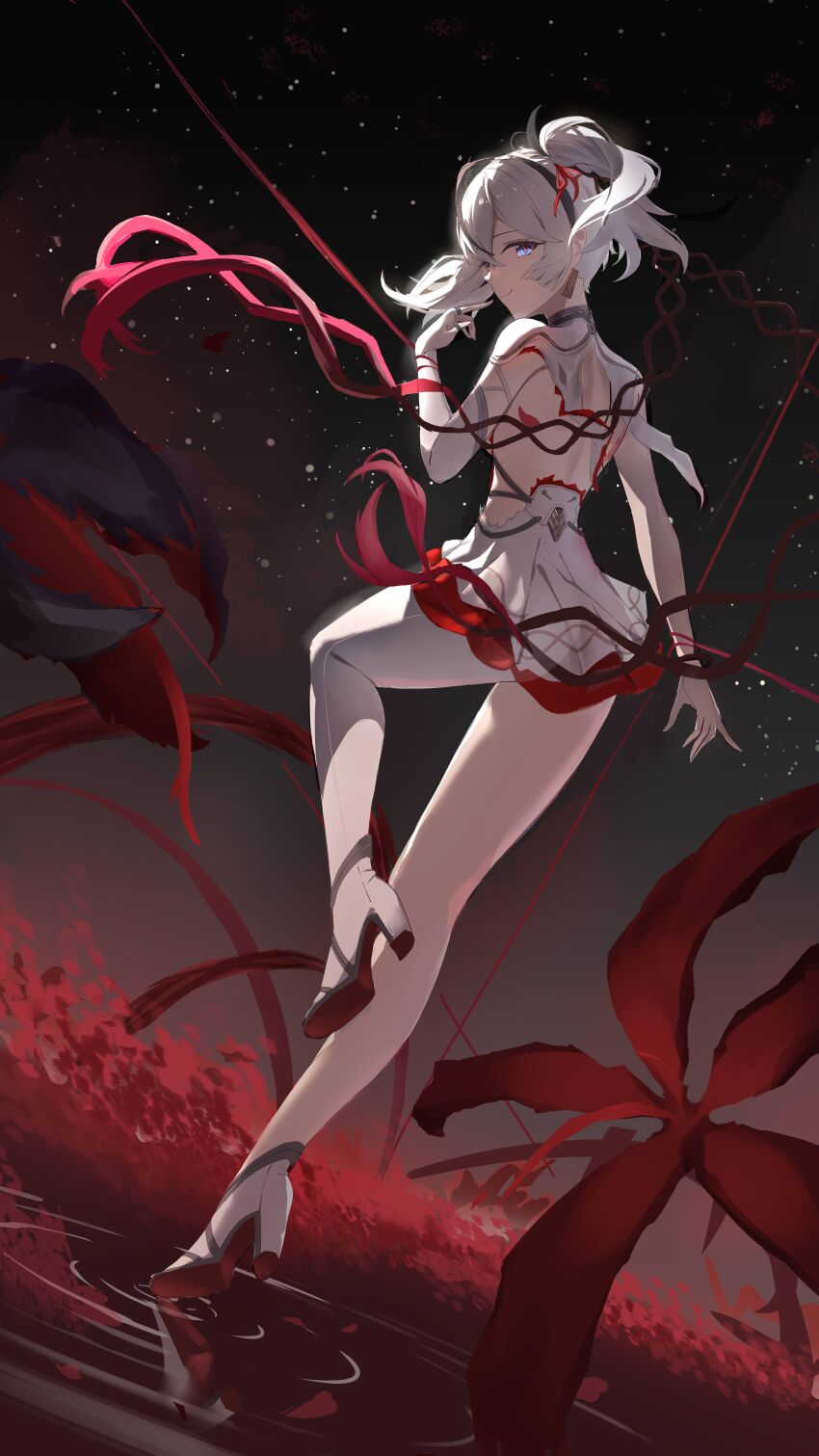 1girl, absurdres, asymmetrical_clothes, black_ribbon, blue_eyes, camellya_(wuthering_waves), closed_mouth, collar