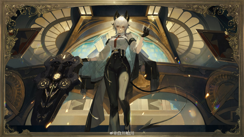 absurdres, arm_pouch, armband, baichuan_baichuan, black_armband, black_gloves, black_horns, black_jacket