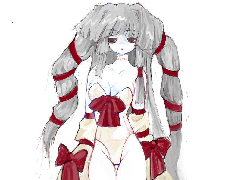 1girl, blunt_bangs, bow, breasts, cleavage, collarbone, colored_skin, detached_sleeves