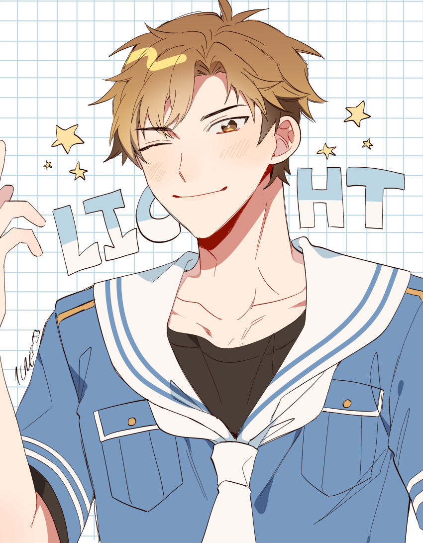 1boy, absurdres, afterl!fe, black_shirt, blue_shirt, blush, breast_pocket, brown_eyes