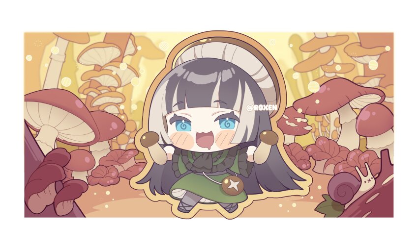 black_dress, black_gloves, black_hair, blue_eyes, blunt_bangs, chibi, chibi_only, cross-laced_clothes, cross-laced_dress, dress, gloves, gothic_lolita, grey_hair, highres, holding, holding_mushroom, hololive, hololive_dev_is, juufuutei_raden, juufuutei_raden_(1st_costume), lolita_fashion, long_hair, maitake_(mushroom), matsutake_mushroom, multicolored_hair, mushroom, mushroom_hat, nap_roxen, shiitake, shimeji_(mushroom), sidelocks, snail, solo, streaked_hair, thighhighs, twitter_username, two-tone_hair, virtual_youtuber
