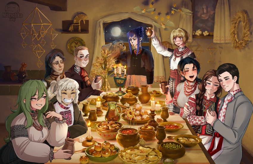 2boys, 6+girls, artist_collaboration, artist_request, bird, blonde_hair, blush, borscht_(food)