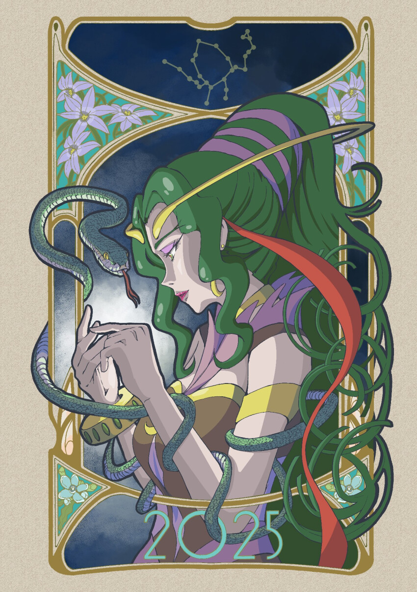 1girl, bracelet, chinese_zodiac, clothing_cutout, constellation, dress, earrings, green_eyes