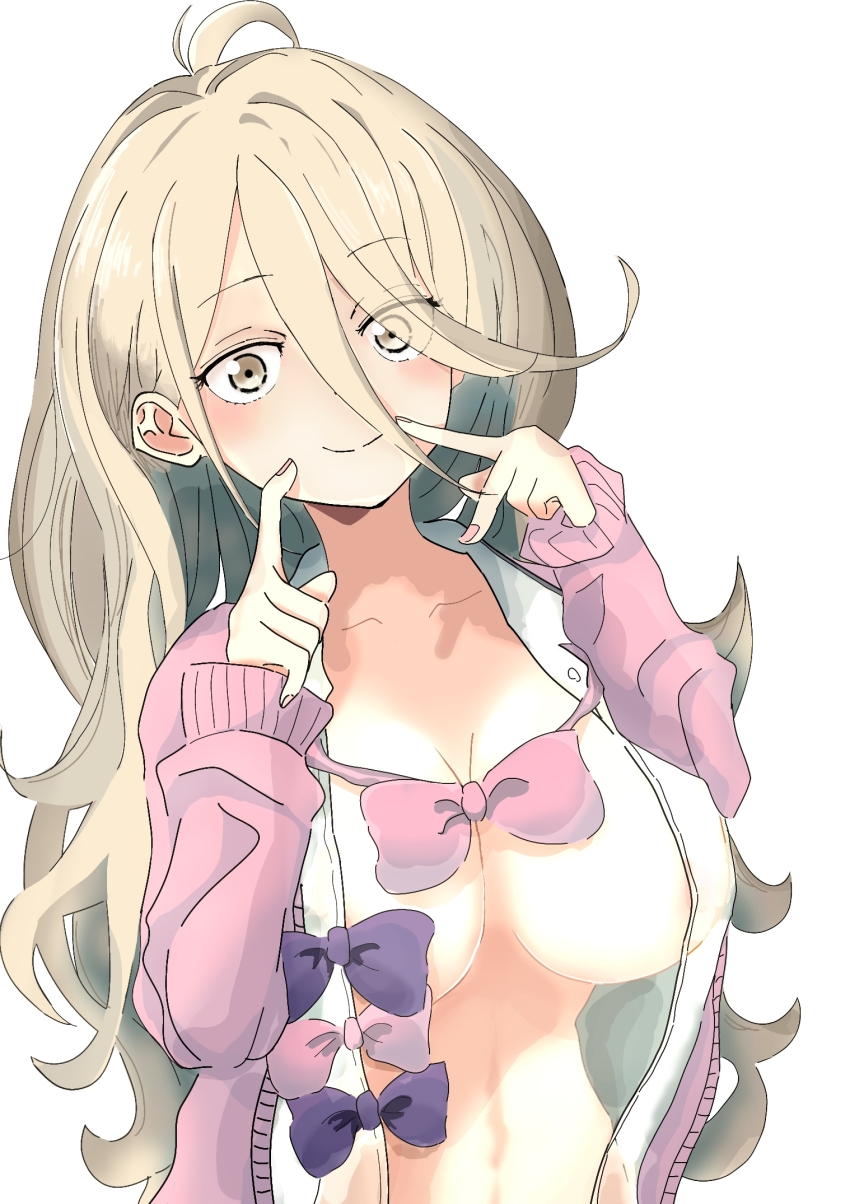1girl, ahoge, bow, bowtie, breasts, cardigan, closed_mouth, collared_shirt, fingers_to_cheeks, fingers_to_mouth, fingersmile, grey_eyes, grey_hair, hair_between_eyes, highres, large_breasts, long_hair, long_hair_between_eyes, long_sleeves, looking_at_viewer, make_heroine_ga_oo_sugiru!, open_cardigan, open_clothes, open_shirt, pink_bow, pink_bowtie, pink_cardigan, purple_bow, purple_bowtie, sanpaku, school_uniform, shikiya_yumeko, shirt, simple_background, smile, solo, sora_(85084118), upper_body, very_long_hair, white_background, white_shirt