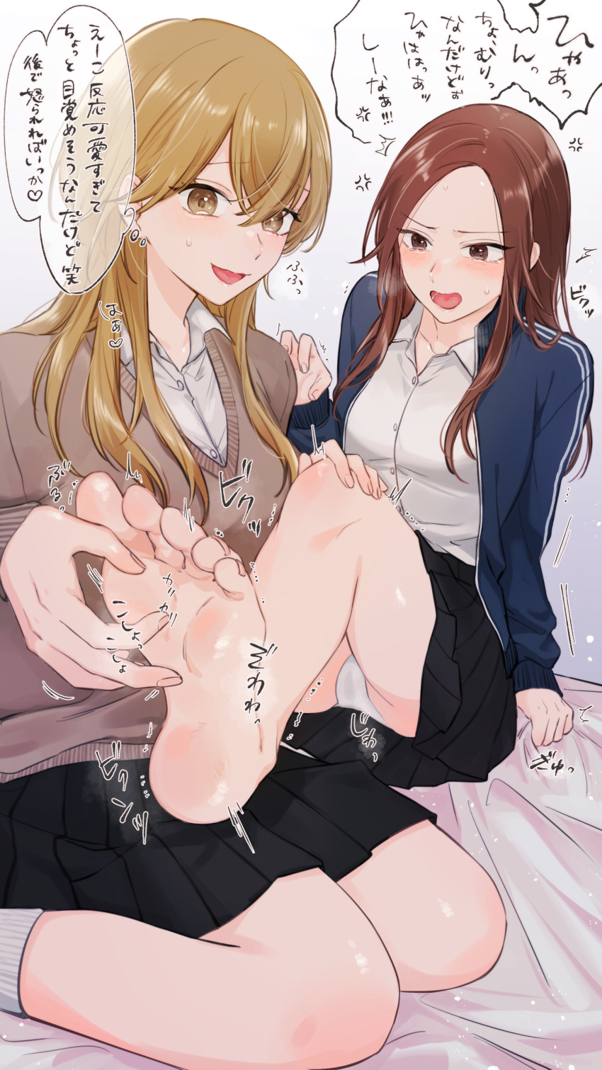 2girls, absurdres, anger_vein, barefoot, blonde_hair, blush, brown_eyes, brown_hair, feet, hair_between_eyes, highres, kyoi_hey, multiple_girls, open_mouth, original, pleated_skirt, skirt, soles, speech_bubble, spoken_anger_vein, sweatdrop, tearing_up, tickling, tickling_feet, toes, translation_request, yellow_eyes