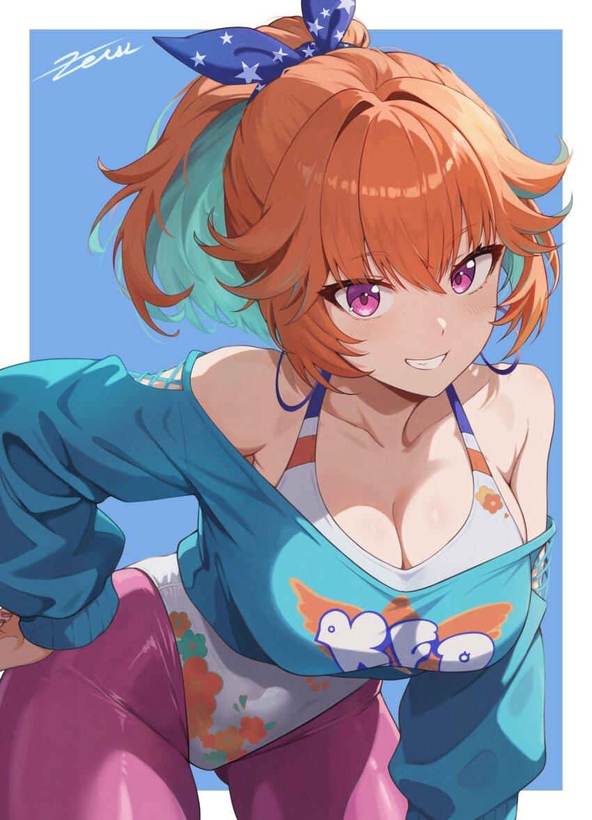 1girl, absurdres, bare_shoulders, bent_over, blue_background, blue_bow, blue_sweater, border