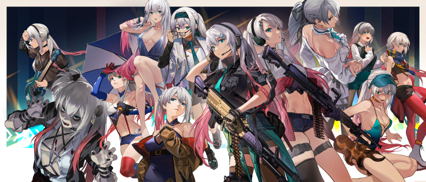 1girl, absurdres, ammunition_belt, arm_strap, asymmetrical_legwear, black_gloves, black_nails, black_shirt