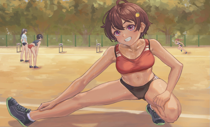 4girls, ahoge, ass, black_footwear, breasts, collarbone, commentary_request, dark-skinned_female, dark_skin, day, exercising, food-themed_hair_ornament, full_body, grin, hair_ornament, hands_on_own_legs, highres, hurdle, legs, lemon_hair_ornament, looking_at_viewer, make_heroine_ga_oo_sugiru!, medium_breasts, midriff, multiple_girls, navel, outdoors, purple_eyes, red_sports_bra, running_track, shoes, short_hair, smile, sneakers, solo_focus, sports_bikini, sports_bra, sportswear, standing, stretching, thighs, track_uniform, yakishio_lemon, yuugao